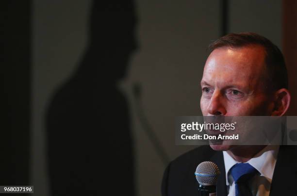 Tony Abbott addresses media at the launch of Kevin Donnelly's book 'How Political Correctness is Destroying Australia' on June 6, 2018 in Sydney,...
