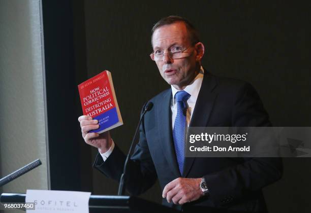 Tony Abbott addresses media at the launch of Kevin Donnelly's book 'How Political Correctness is Destroying Australia' on June 6, 2018 in Sydney,...