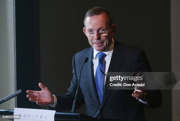 Tony Abbott addresses media at the launch of Kevin Donnelly's book 'How Political Correctness is Destroying Australia' on June 6, 2018 in Sydney,...