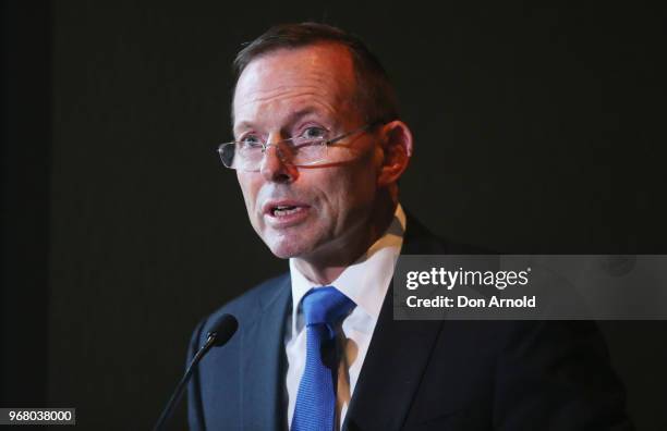 Tony Abbott addresses media at the launch of Kevin Donnelly's book 'How Political Correctness is Destroying Australia' on June 6, 2018 in Sydney,...