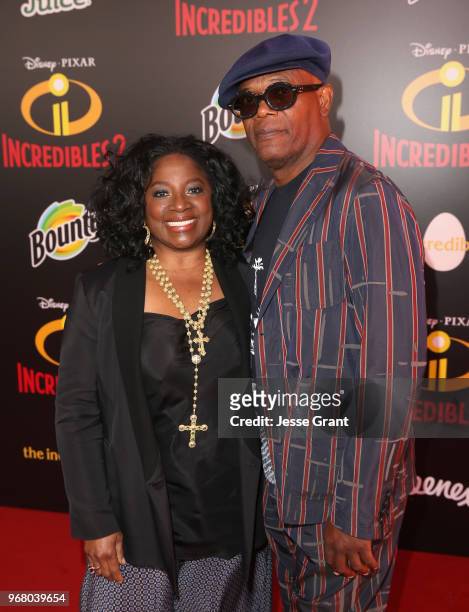 LaTanya Richardson and Samuel L. Jackson attend the World Premiere Of Disney-Pixar's "Incredibles 2" at El Capitan Theatre on June 5, 2018 in Los...