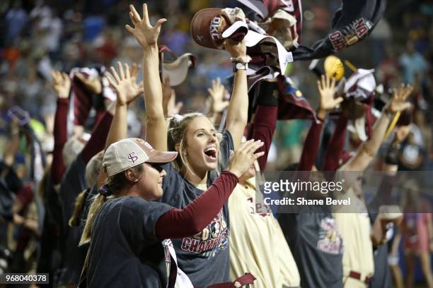 The Florida State Seminoles celebrate after defeating the Washington Huskies during the Division I Women's Softball Championship held at USA Softball...