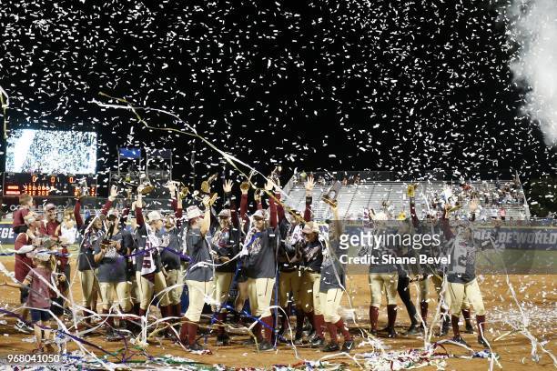 The Florida State Seminoles celebrate after defeating the Washington Huskies during the Division I Women's Softball Championship held at USA Softball...