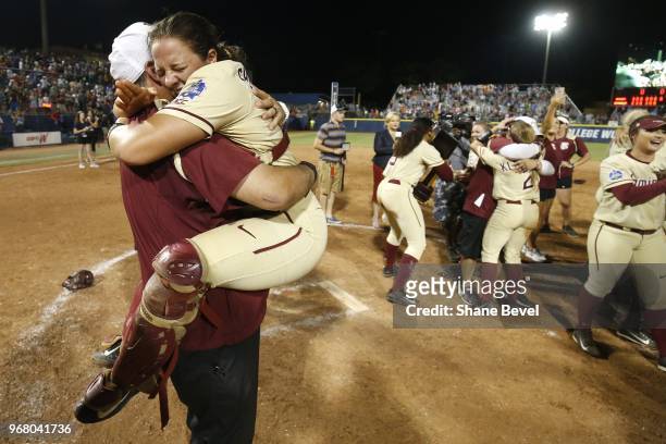 Anna Shelnutt of the Florida State Seminoles celebrates after defeating the Washington Huskies during the Division I Women's Softball Championship...
