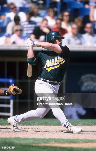 Matt Stairs of the Oakland Athletics bats during an MLB game against the Chicago White Sox at Comiskey Park on August 12, 1998 in Chicago, Illinois.