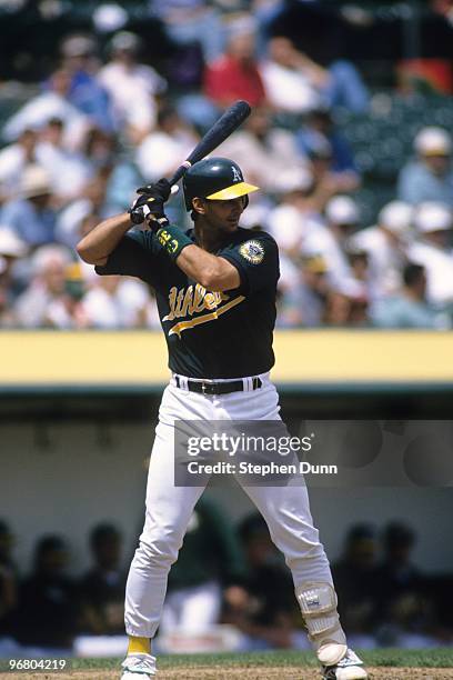 Terry Steinbach of the Oakland Athletics stands ready at bat during the game against the Milwaukee Brewers at Oakland-Alameda County Coliseum on...