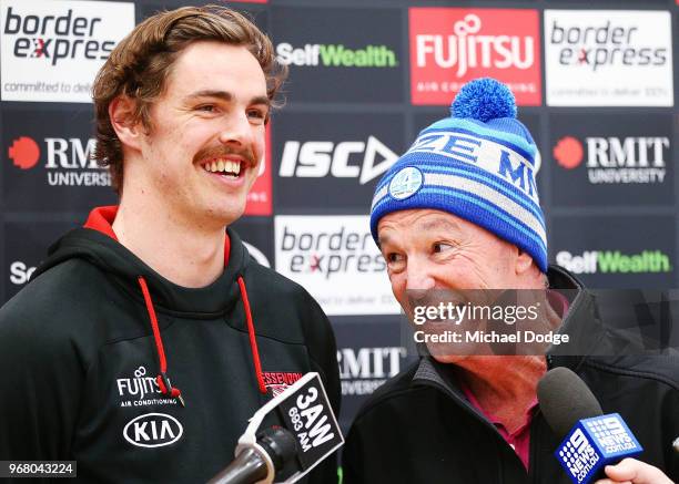 Legend Neale Daniher and Joe Daniher of the Bombers speaks to media during an Essendon Bombers AFL media opportunity at The Hangar on June 6, 2018 in...