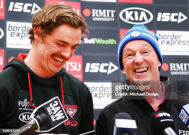 Legend Neale Daniher and Joe Daniher of the Bombers speak to media during an Essendon Bombers AFL media opportunity at The Hangar on June 6, 2018 in...