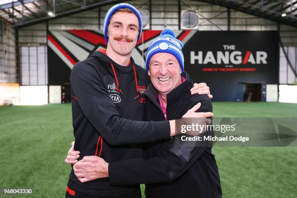 Legend Neale Daniher and Joe Daniher of the Bombers pose during an Essendon Bombers AFL media opportunity at The Hangar on June 6, 2018 in Melbourne,...