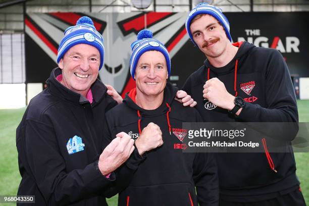 Legend Neale Daniher Bombers head coach John Worsfold and Joe Daniher of the Bombers pose during an Essendon Bombers AFL media opportunity at The...