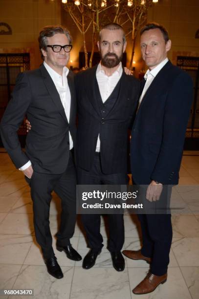 Colin Firth, Rupert Everett and Zygi Kamasa attend an after party following the UK Premiere of "The Happy Prince" hosted by Justine Picardie, editor...