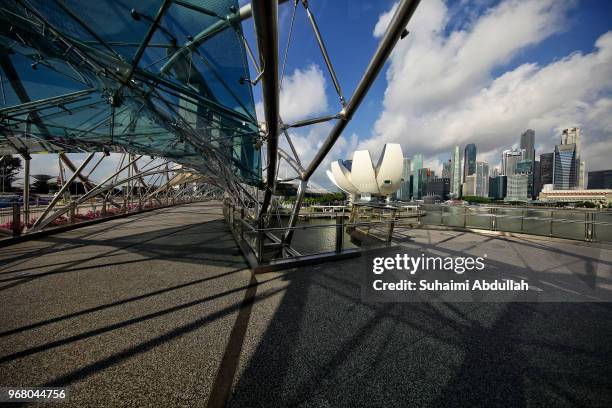 General view of the Helix Bridge, ArtScience Museum and the Central Business District on June 6, 2018 in Singapore.