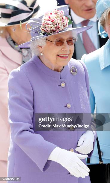 Queen Elizabeth II attends Derby Day of the Investec Derby Festival at Epsom Racecourse on June 2, 2018 in Epsom, England.