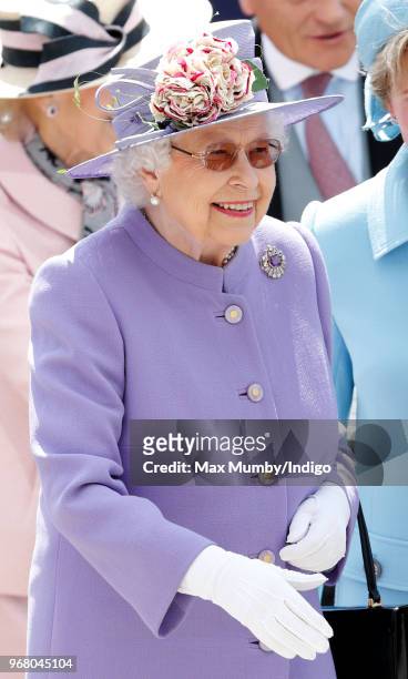 Queen Elizabeth II attends Derby Day of the Investec Derby Festival at Epsom Racecourse on June 2, 2018 in Epsom, England.