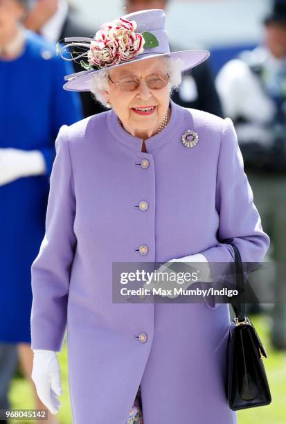 Queen Elizabeth II attends Derby Day of the Investec Derby Festival at Epsom Racecourse on June 2, 2018 in Epsom, England.