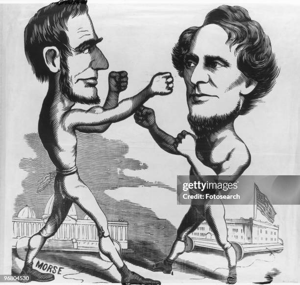 Cartoon of President Abraham Lincoln sparring with Confederate President Jefferson Davis, circa 1861. .