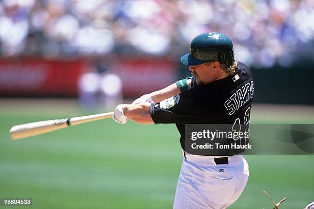 Matt Stairs of the Oakland Athletics bats during their MLB game against the Baltimore Orioles at Network Associates Coliseum on June 20, 2000 in...