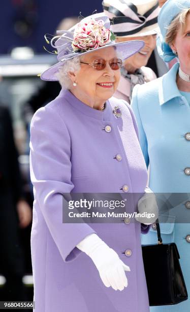 Queen Elizabeth II attends Derby Day of the Investec Derby Festival at Epsom Racecourse on June 2, 2018 in Epsom, England.