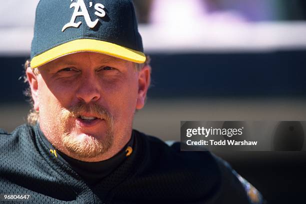 Matt Stairs of the Oakland Athletics looks on during a spring training game against the Chicago Cubs on March 8, 1998 at Hohokam Stadium in Mesa,...