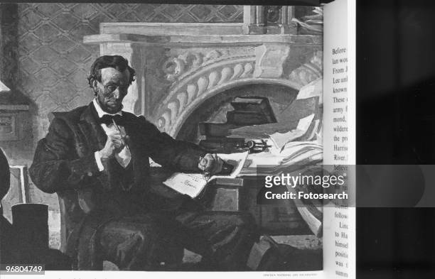 Illustrated portrait of President Abraham Lincoln in his study, circa 1860s. .