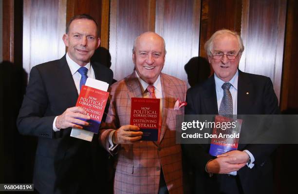 Tony Abbott, Alan Jones and Kevin Donnelly pose during the launch of Kevin Donnelly's book 'How Political Correctness is Destroying Australia' on...