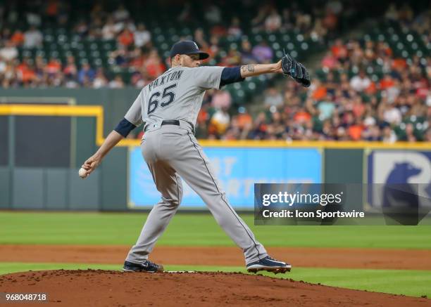 Seattle Mariners starting pitcher James Paxton prepares to throw a pitch during the baseball game between the Seattle Mariners and Houston Astros on...