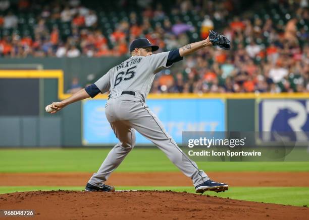 Seattle Mariners starting pitcher James Paxton prepares to throw a pitch during the baseball game between the Seattle Mariners and Houston Astros on...