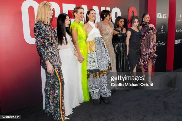 Cate Blanchett, Awkwafina, Sarah Paulson, Anne Hathaway, Sandra Bullock, Mindy Kaling, Helena Bonham Carter, and Rihanna attend "Ocean's 8" World...