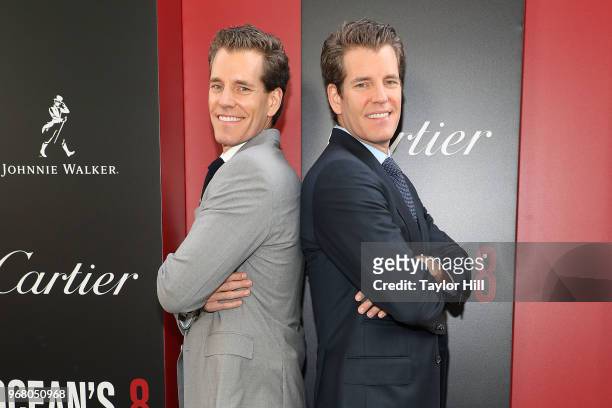 Cameron Winklevoss and Tyler Winklevoss attend the world premiere of "Ocean's 8" at Alice Tully Hall at Lincoln Center on June 5, 2018 in New York...
