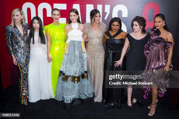 Cate Blanchett, Awkwafina, Sarah Paulson, Anne Hathaway, Sandra Bullock, Mindy Kaling, Helena Bonham Carter and Rihanna attend the "Ocean's 8" World...