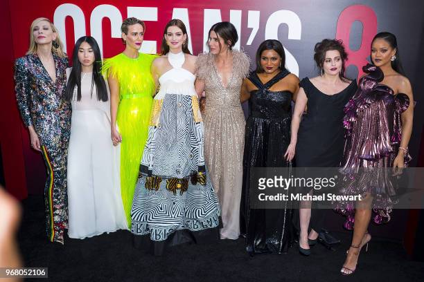 Cate Blanchett, Awkwafina, Sarah Paulson, Anne Hathaway, Sandra Bullock, Mindy Kaling, Helena Bonham Carter and Rihanna attend the "Ocean's 8" World...