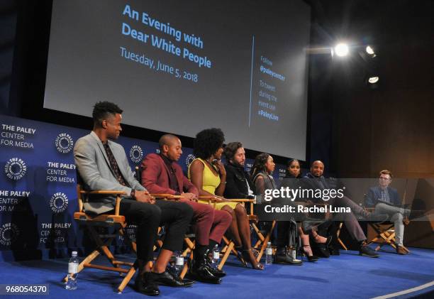 Cast and creator participate in the panel during An Evening With "Dear White People" at The Paley Center for Media on June 5, 2018 in Beverly Hills,...