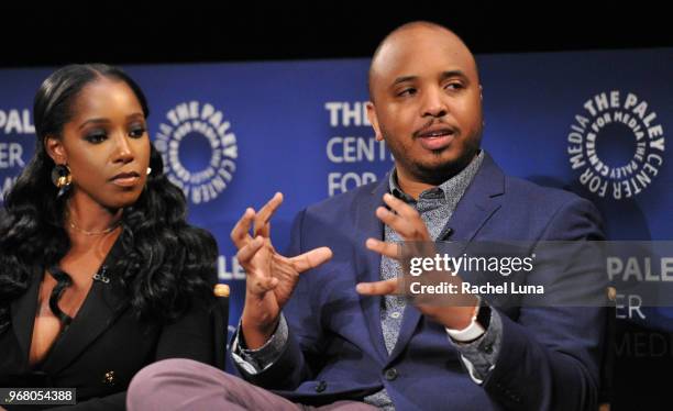 Creator/executive producer Justin Simien and actress Ashley Blaine Featherson speak onstage at An Evening With "Dear White People" at The Paley...