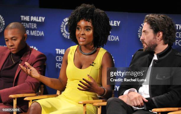 DeRon Horton, Antoinette Robertson and John Patrick Amedori speak onstage at An Evening With "Dear White People" at The Paley Center for Media on...