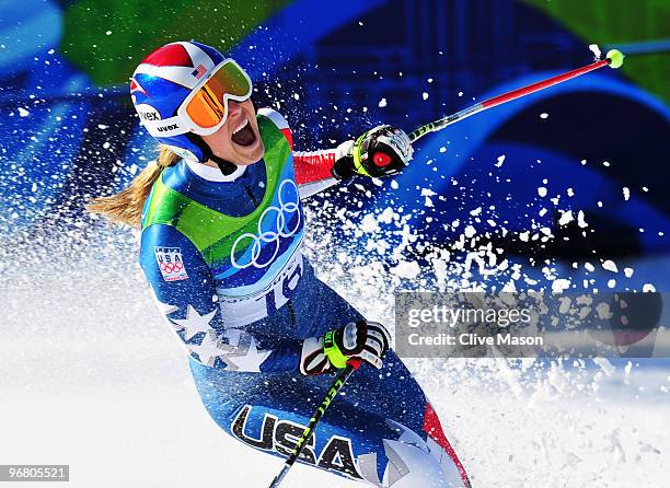 Lindsey Vonn of the United States reacts after competing during the Alpine Skiing Ladies Downhill on day 6 of the Vancouver 2010 Winter Olympics at...