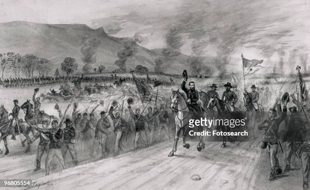 Engraving by N. E. Taylor of Philip Henry Sheridan being cheered on by his troops, circa 1870s. .