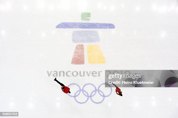 Winter Olympics: Aerial view of France Vanessa James and Yannick Bonheur in action during Pairs Short Program at Pacific Coliseum. Vancouver, Canada...