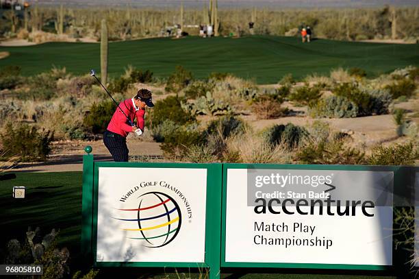 Luke Donald of England hits from the second tee box during the first round of the World Golf Championships-Accenture Match Play Championship at The...