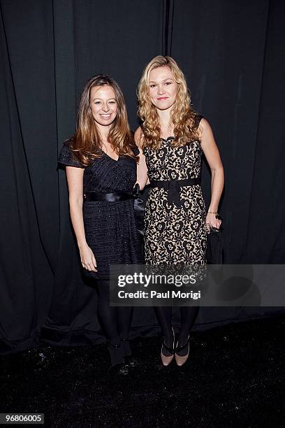 Designer Michelle Smith and actress Julia Stiles pose backstage at Milly By Michelle Smith Fall 2010 during Mercedes-Benz Fashion Week at Bryant Park...