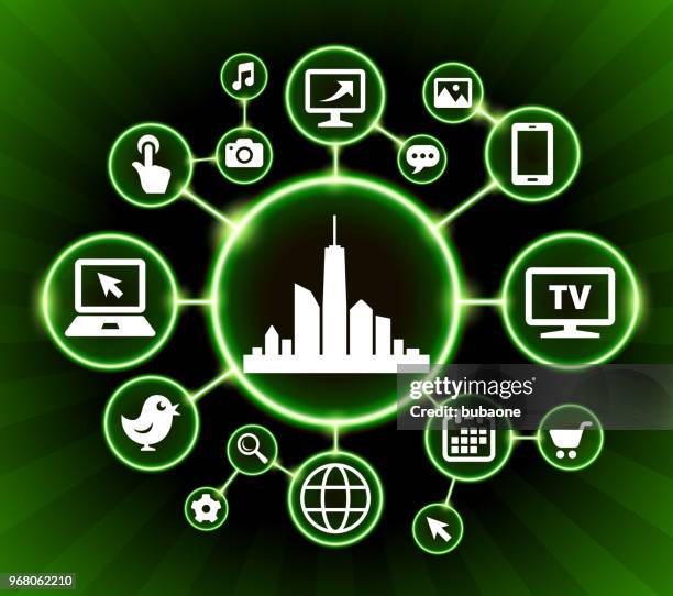 city skyline internet communication technology dark buttons background - working computer outside stock illustrations