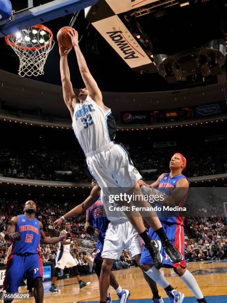 Ryan Anderson of the Orlando Magic dunks against the Detroit Pistons during the game on February 17, 2010 at Amway Arena in Orlando, Florida. NOTE TO...