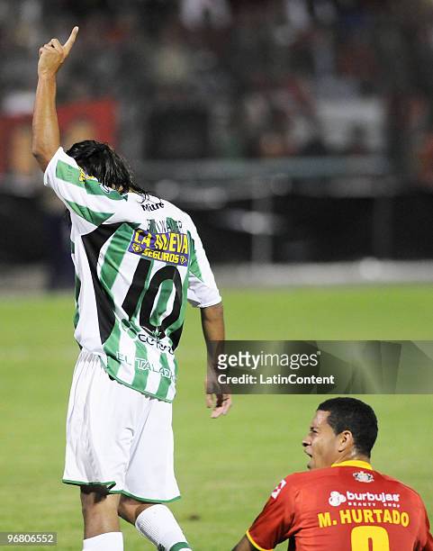 Banfield's player Walter Erviti celebrates a scored goal during their match against Ecuador's Deportivo Cuenca as part of 2010 Libertadores Cup at...