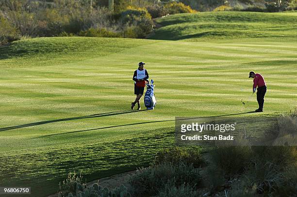 Luke Donald of England hits to the first green during the first round of the World Golf Championships-Accenture Match Play Championship at The...
