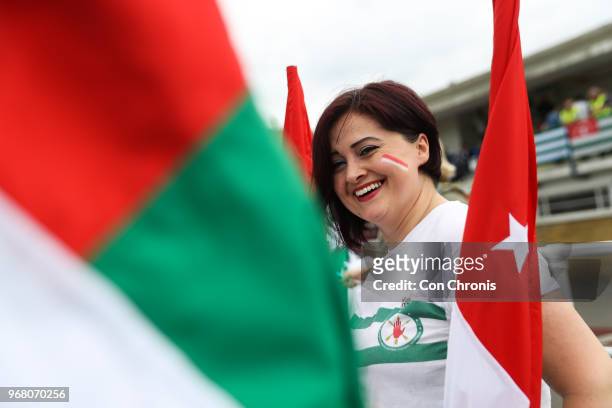 June 02: A fan during the CONIFA World Football Cup 2018 match between Abkhazia and Karpatalya at Enfield Town on June 2, 2018 in London, England.