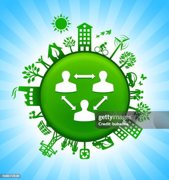 three people connected by arrows environment green button background on blue sky - live chat button stock illustrations