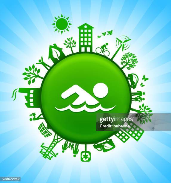 swimming environment green button background on blue sky - swimming race in pool stock illustrations