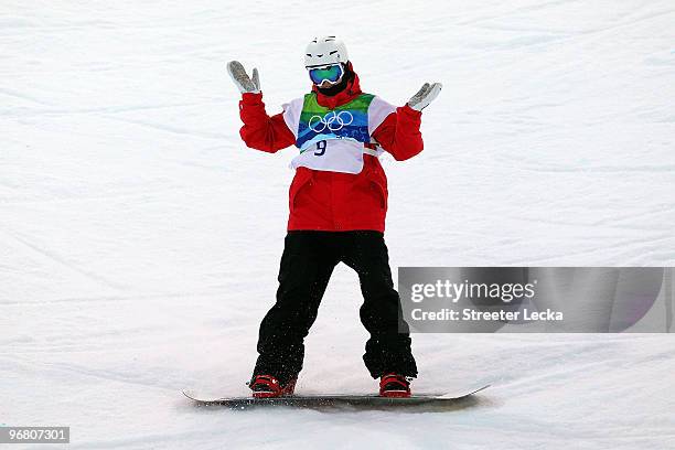 Ben Kilner of Great Britain and Northern Ireland reacts after competing in a run during the semifinal of the Snowboard Men's Halfpipe on day six of...