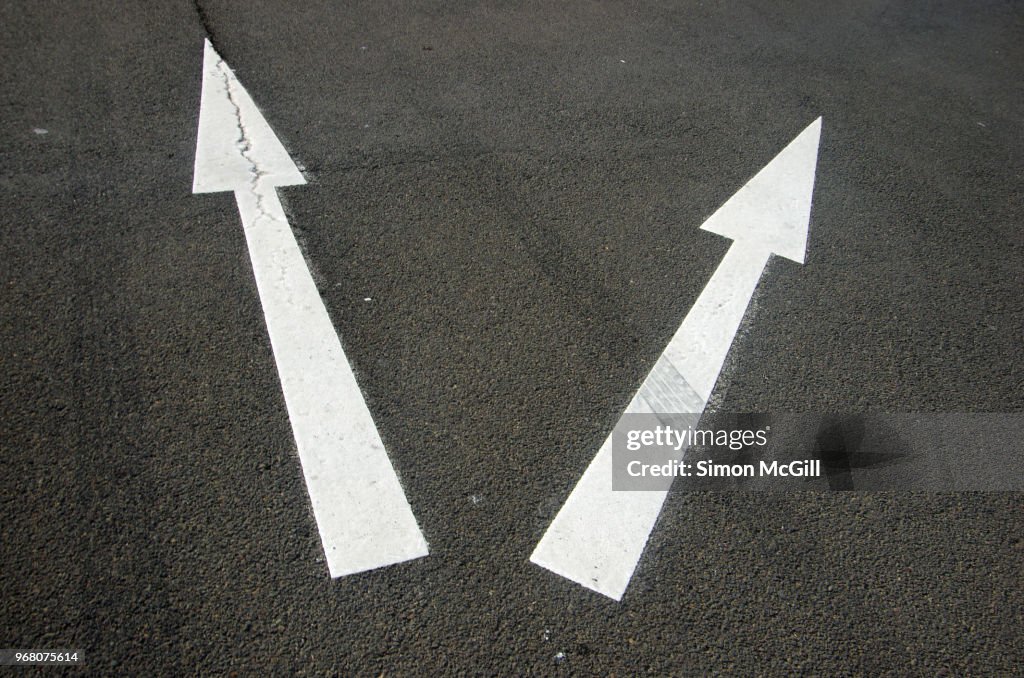 Two arrows pointing in different directions on a road