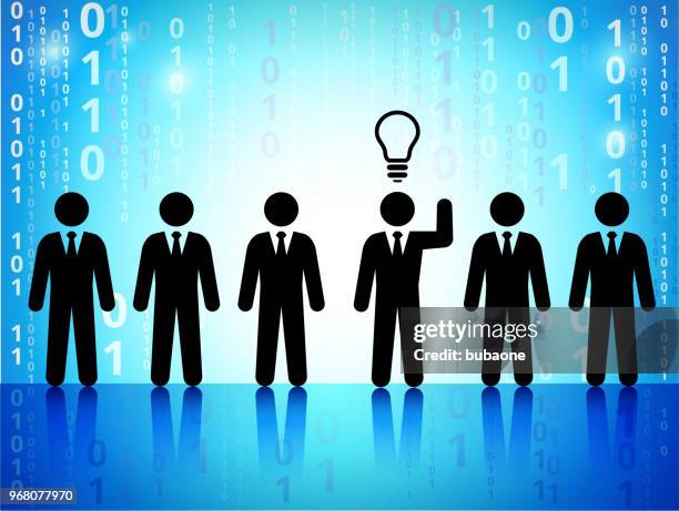 businessmen with idea on on binary code blue background - binary code lightbulb stock illustrations