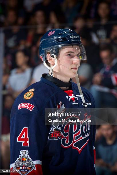 Cale Fleury of Regina Pats lines up against the Hamilton Bulldogs at Brandt Centre - Evraz Place on May 25, 2018 in Regina, Canada.